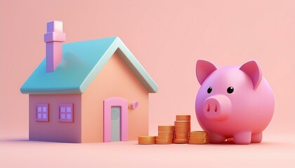Colorful piggy bank next to a house and coins, symbolizing saving and investing for home ownership.