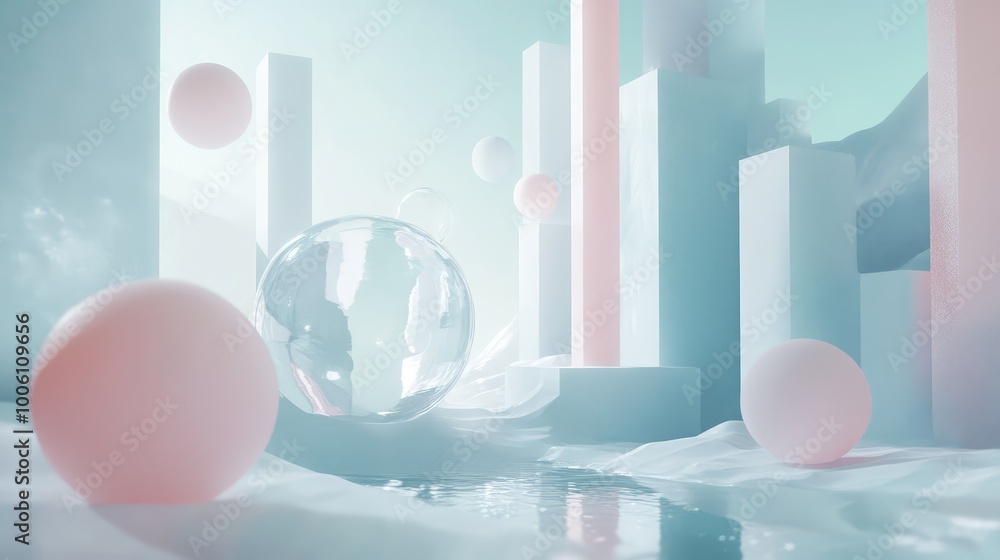 Poster abstract 3d shapes in pastel colors floating in a soft, white space, creating a modern, futuristic d