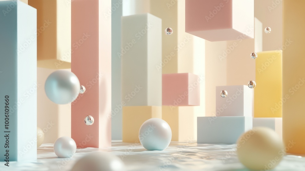 Poster abstract 3d shapes in pastel colors floating in a soft, white space, creating a modern, futuristic d