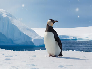 Fototapeta premium Gentoo Penguin Standing on Antarctic Ice with Icebergs in the Background.
