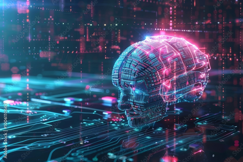 Aufkleber a futuristic digital human head adorned with intricate circuitry glows amidst colorful data streams 