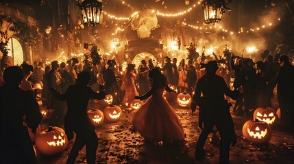 Costumed guests dancing amidst a haunting Halloween party with spooky decor moody lighting casting eerie shadows and pumpkins and jack o lanterns aglow in a dark and atmospheric