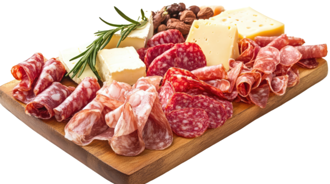 neatly arranged charcuterie board with cheeses and cured meats on a transparent background