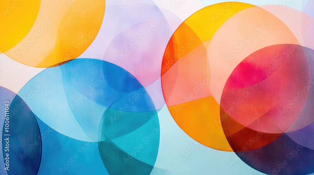 Poster abstract overlapping circles in bright colors, each circle partially transparent, creating a layered