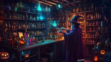 Obraz premium Cozy Halloween Magic Shop with Shelves Lined with Bottles of Colorful Potions Ancient Spell Books and Mystical Artifacts and an Old Wizard Behind the Counter Casting a Spell