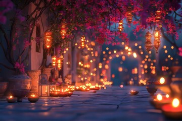 A beautiful scene of a walkway with many lit candles and lanterns