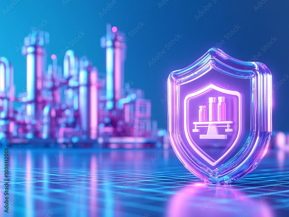 Poster a 3d shield icon representing protection in a vibrant digital environment with abstract industrial e