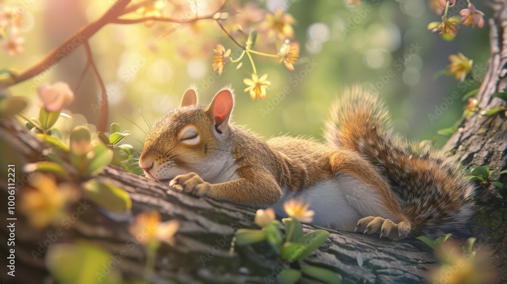 Poster a squirrel is sleeping on a tree branch. the image has a peaceful and calm mood, as the squirrel is 