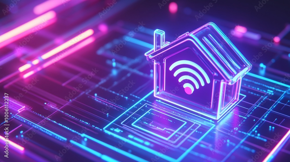 Poster a colorful digital representation of a smart home icon with wifi signal, surrounded by circuit patte