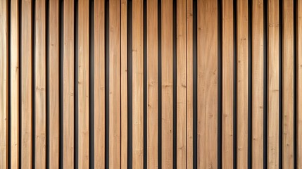 Naklejka premium Decorative wooden wall with vertical timber slats showcasing a minimalist contemporary interior design element The rough textured surface creates a modern