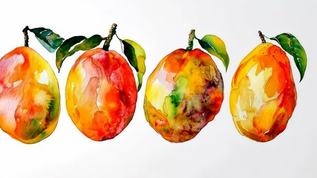 A watercolor painting of four mangoes, each with a bright orange, red, and yellow hue, on a white background