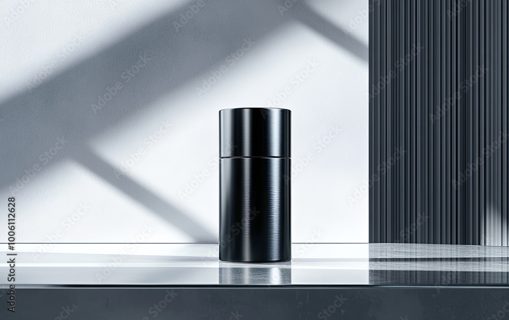 Poster a sleek black cylindrical container on a reflective surface, illuminated by shadows, suggesting mode
