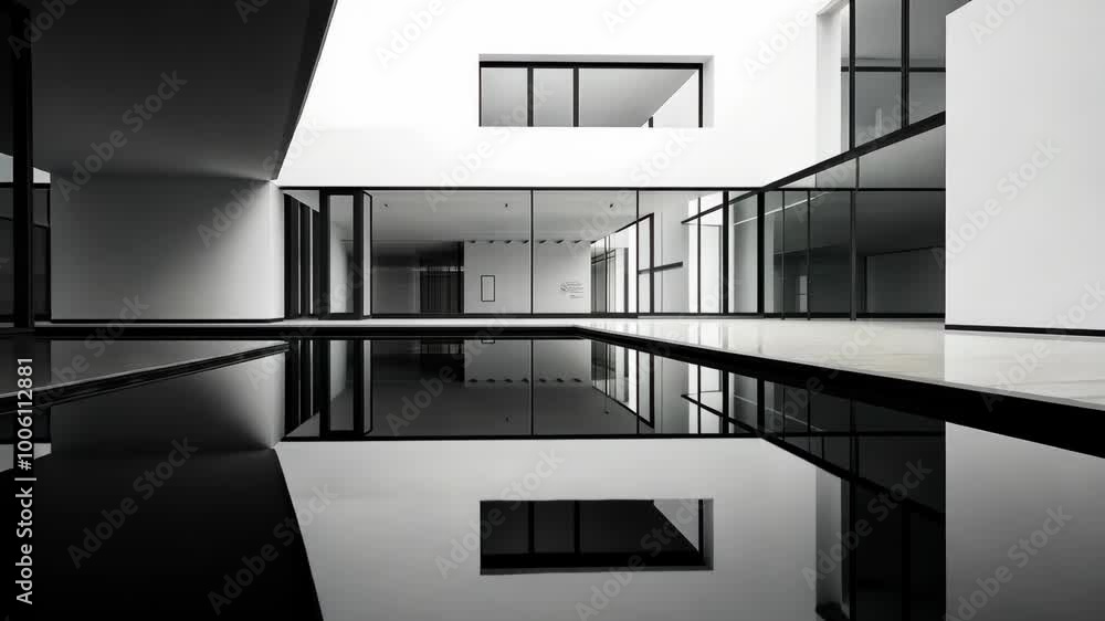 Poster a black and white photo of a modern building with a reflecting pool in the center. the building feat