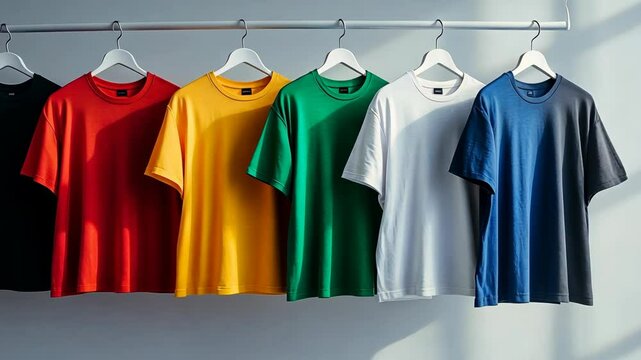 Six t-shirts hang on a rack, each a different color, from black to blue to red