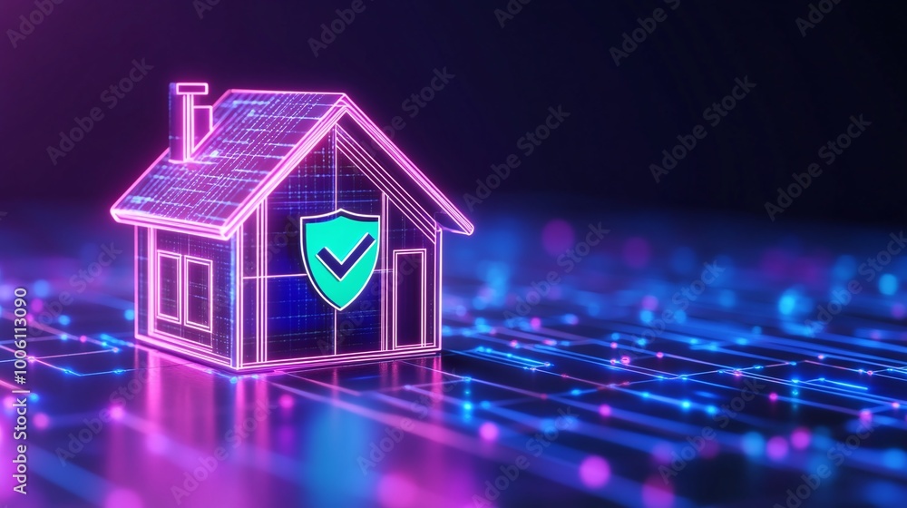 Aufkleber a digital illustration of a secure smart home with a shield symbol on a neon circuit background.