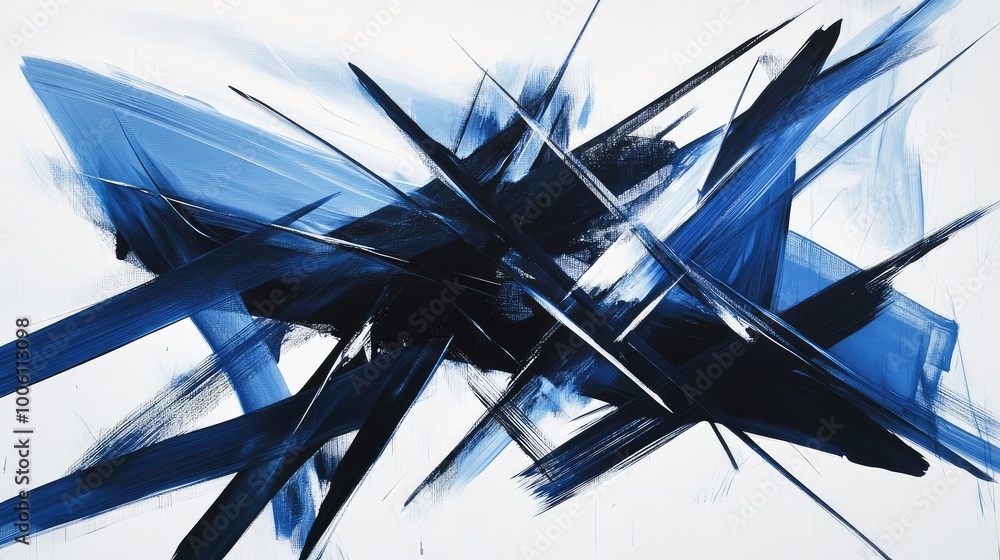Poster angular lines in shades of dark blue and black intersecting on a bright white background, creating a
