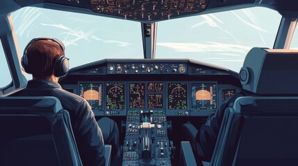 Fototapeta premium Pilot in cockpit ready for takeoff minimal details clean design