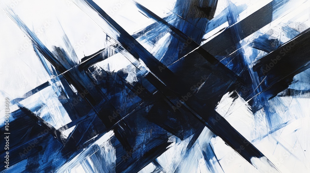 Poster angular lines in shades of dark blue and black intersecting on a bright white background, creating a