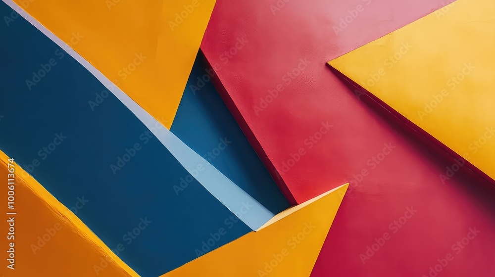 Poster angular shapes in bold, contrasting colors overlapping on a flat background, creating a modern, geom