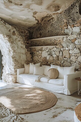 Obraz premium Cozy rustic living room with white sofa, stone walls, and natural jute rug in a Mediterranean cave-like interior