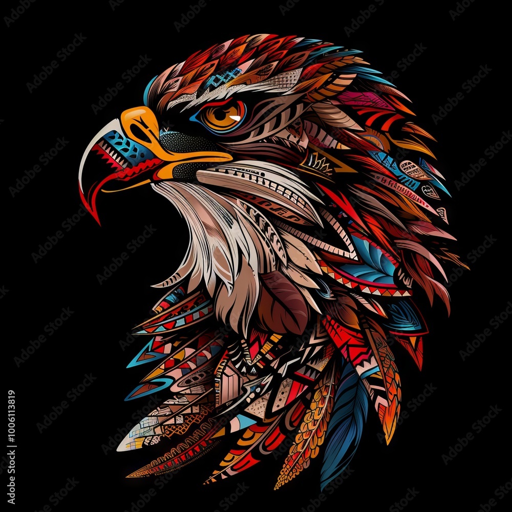 Wall mural eagle head with vibrant tribal patterns in copy space.