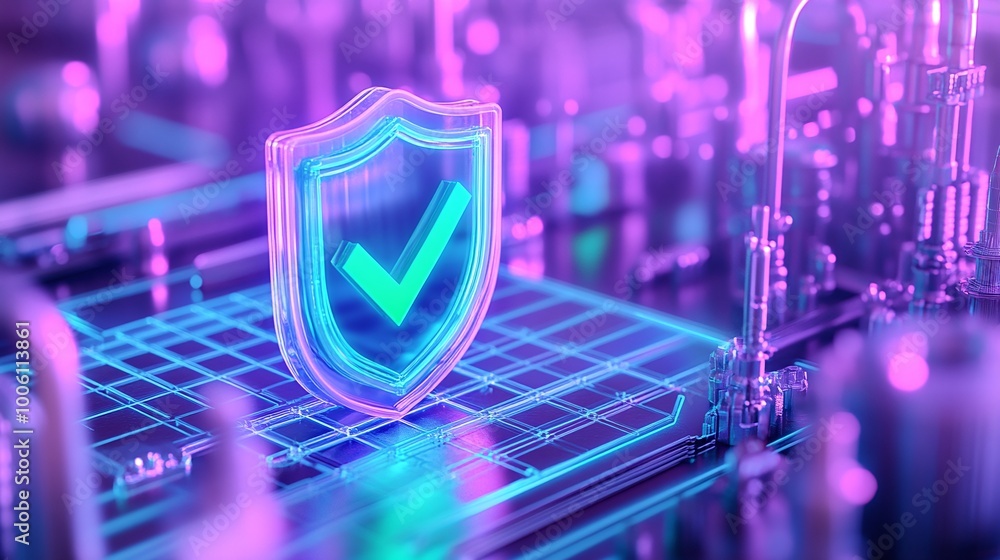 Poster a digital shield icon with a checkmark symbolizing security, set in a vibrant, futuristic matrix env
