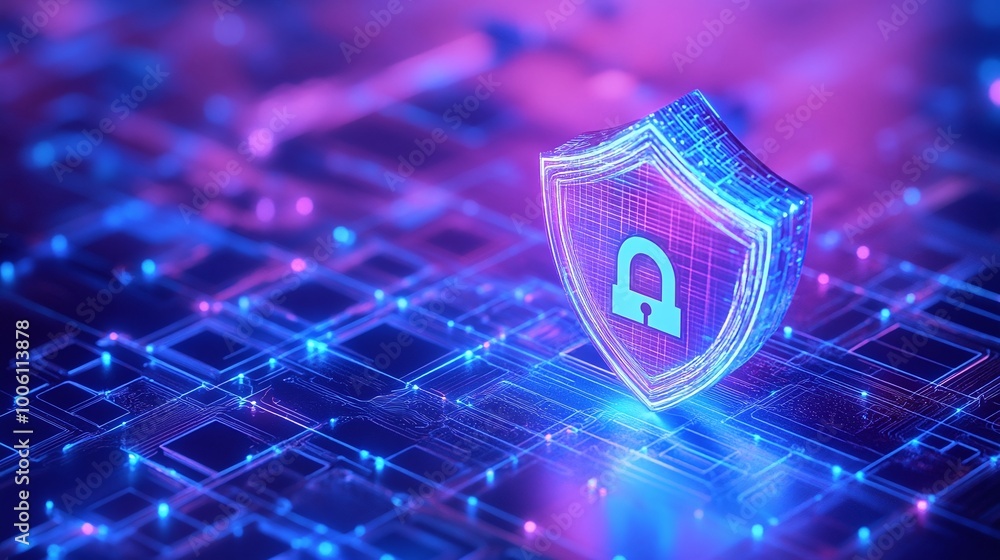Poster a digital shield symbolizing online security with a futuristic design on a glowing circuit backgroun
