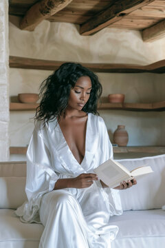 Woman in a silky white robe reading a book in a serene, rustic living room with natural wood accents and soft lighting