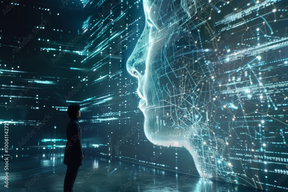 Poster a lone figure contemplates a massive digital portrait of a futuristic face surrounded by flowing dat