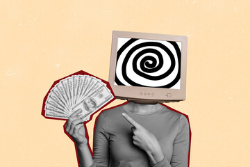Composite photo collage of human instead head pc monitor point cash income dollar currency earnings...