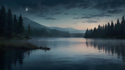 Fototapeta premium Dark mood lake in the mountains, with a brooding, cloudy sky and a full moon casting an eerie glow, featuring a rugged mountain landscape in the background