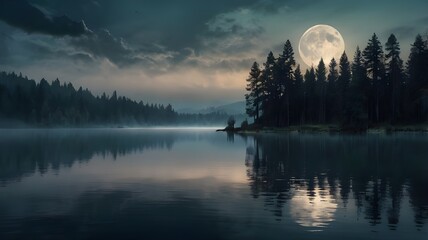 Dark mood lake in the mountains, with a brooding, cloudy sky and a full moon casting an eerie glow, featuring a rugged mountain landscape in the background