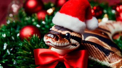 Obraz premium Close-up portrait of a festive snake wearing a Santa hat. Christmas and New Year