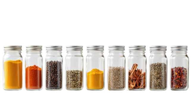 spices in jars on a transparent background