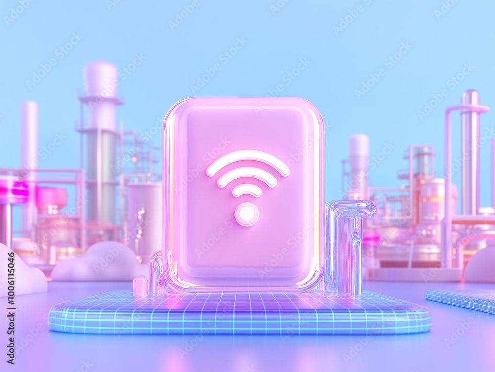 Aufkleber a futuristic pink wireless signal icon on a soft blue background with abstract tech elements.