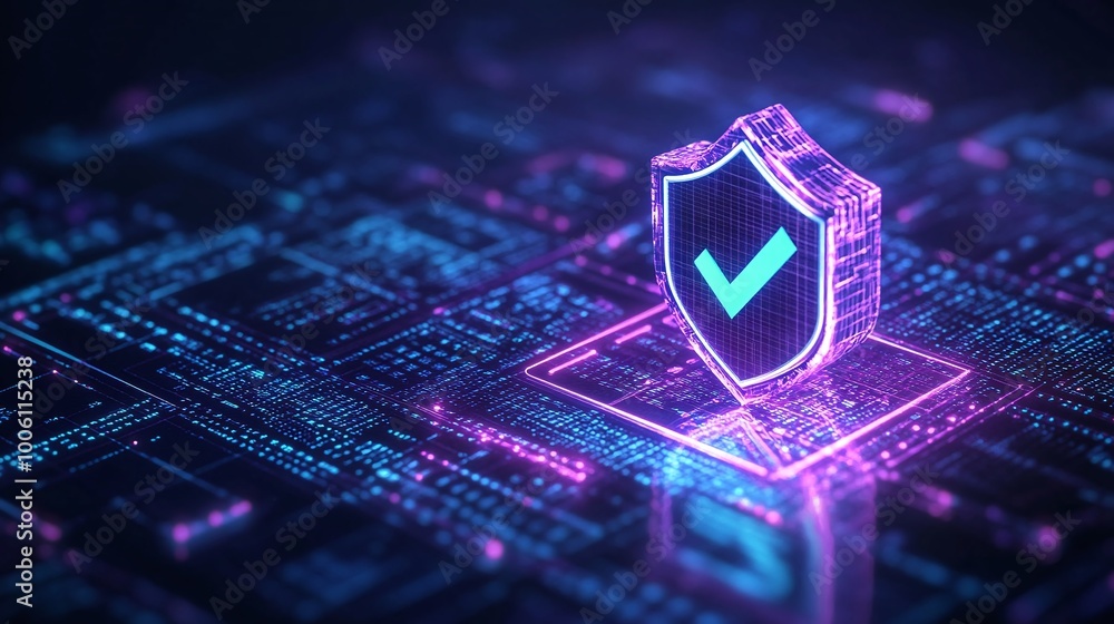 Poster a futuristic shield symbol with a check mark, representing security and protection in a digital land