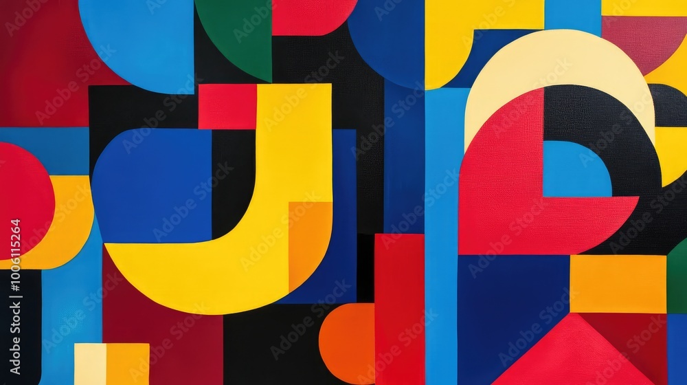 Poster bold, geometric shapes in primary colors overlapping in a random arrangement, creating a playful, ab