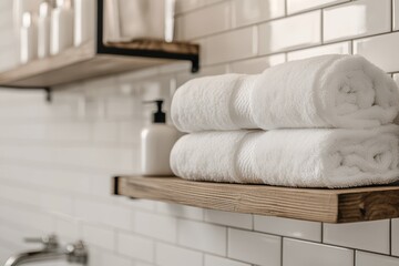 Stacked white towels on a wooden shelf in a clean, minimalistic bathroom with a spa vibe