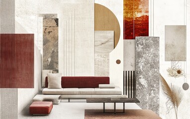 A modern interior design featuring a minimalist sofa, geometric shapes, and a warm color palette.