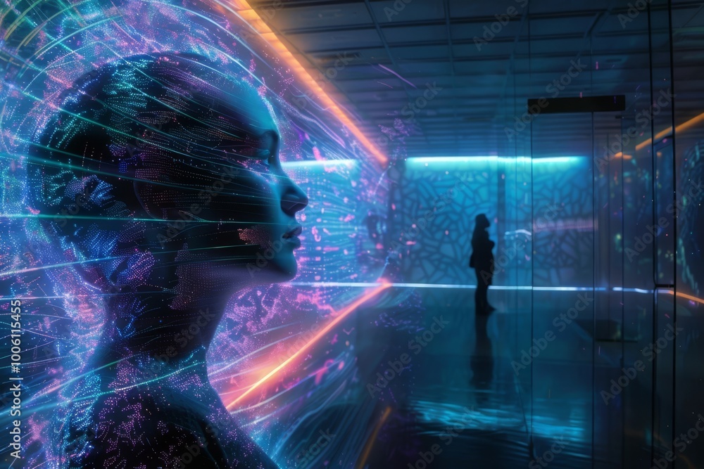 Poster exploring the intersection of technology and humanity in a vibrant futuristic environment filled wit