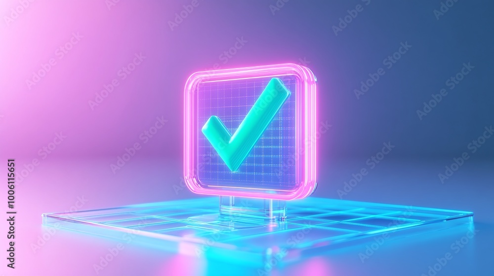 Poster a glowing checkmark icon in neon style, symbolizing approval and success against a gradient backgrou