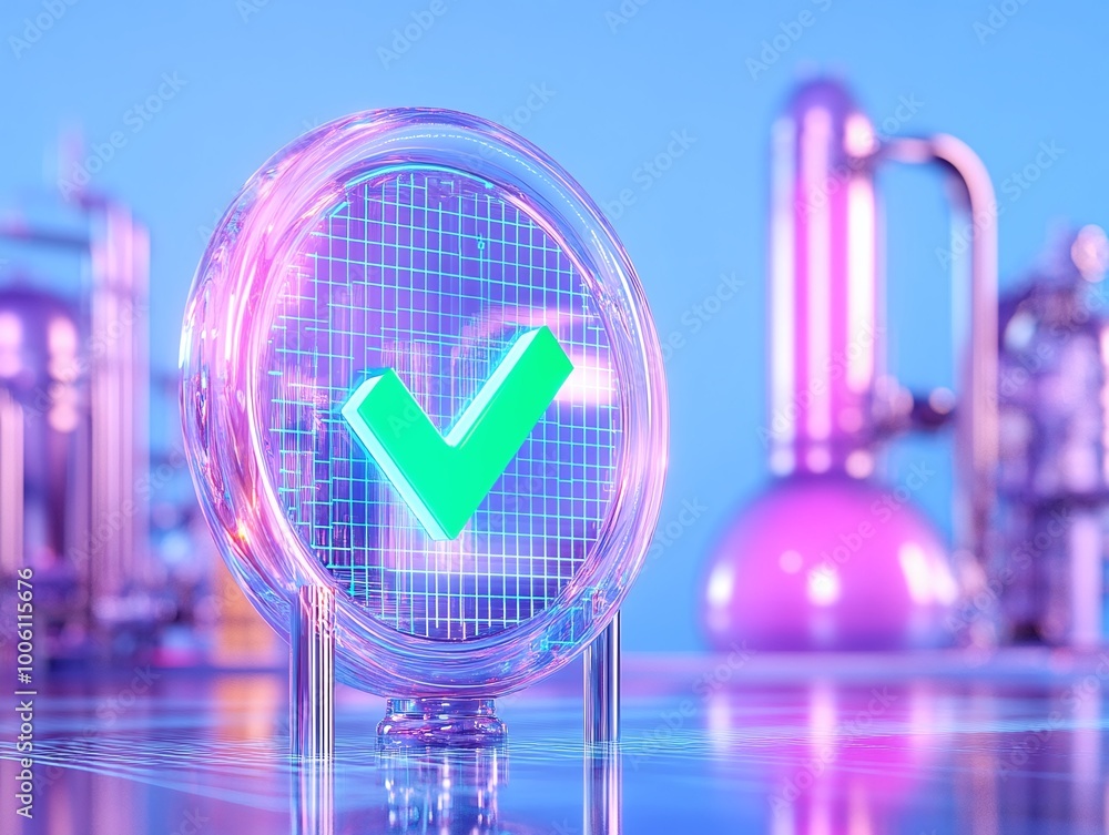 Aufkleber a glowing checkmark symbol in a futuristic laboratory setup with colorful lighting.