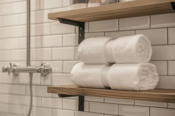 Stacked white towels on a wooden shelf in a clean, minimalistic bathroom with a spa vibe