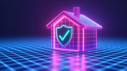 A glowing digital house with a shield and check mark, representing secure home technology against a grid background.
