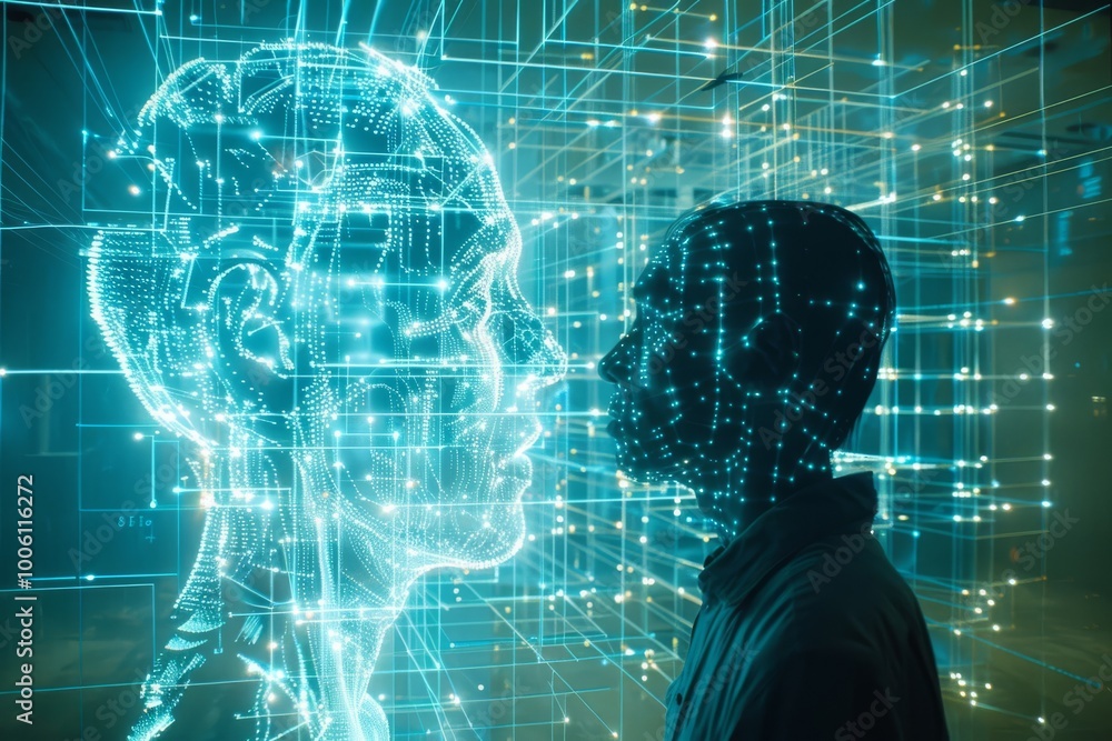 Poster exploring the intersection of humanity and technology in a digital realm of glowing connections and 
