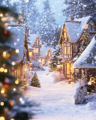 Fototapeta premium Warmly lit Christmas village warmly welcomes winter festivities with snowflakes falling in 2025