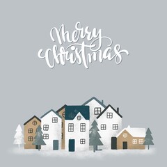Winter nordic village card, house, green tree, cloud Scandinavian  Christmas party greeting paper, New Year craft postcard, hand draw cover background