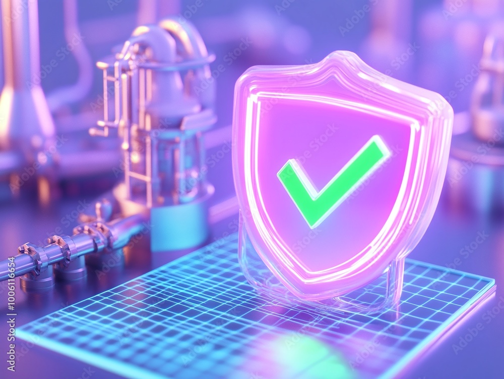 Poster a glowing shield symbol with a checkmark representing security in a futuristic tech environment.
