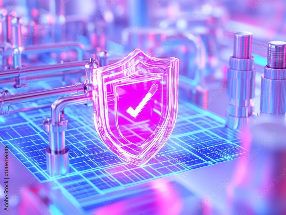 Poster a glowing shield symbolizing security, set against a futuristic background of pipes and circuits.
