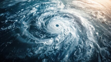 A hurricane viewed from space, a massive swirling storm system with defined eye and spiraling clouds over the ocean, digital realism, white and blue tones, space view, high detail